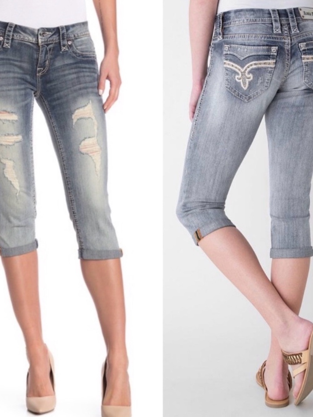Rock Revival Vivian Crop Distressed Denim Jeans Y2K Capris Jeweled Women’s 28